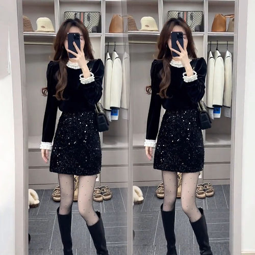 2025新款小香风时尚套装女秋冬黑色丝绒衬衫高腰亮片半身裙两件套