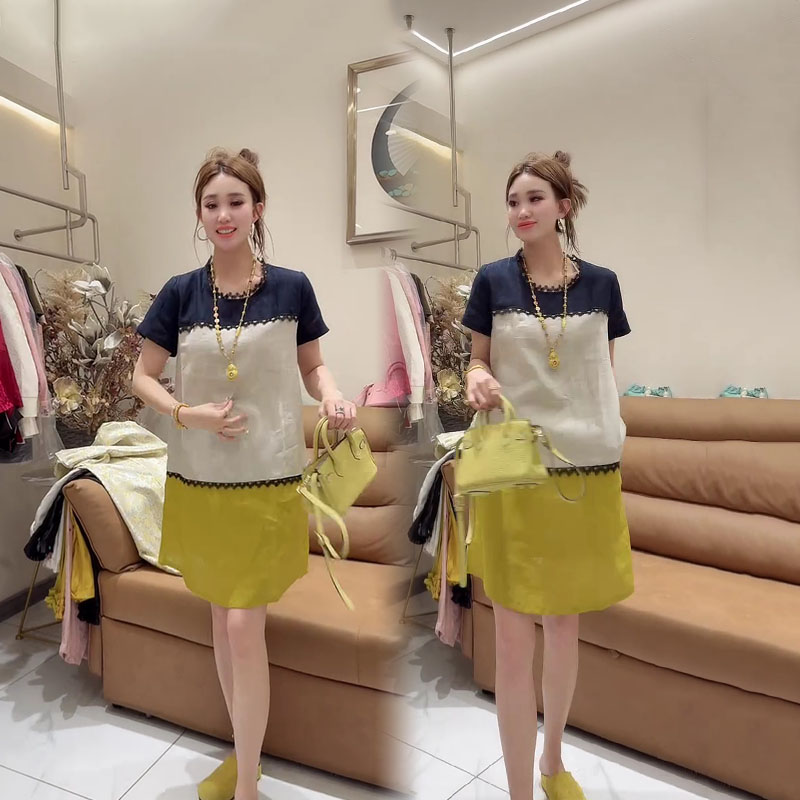 简约拼色蕾丝花边麻料连衣裙女2025夏季新款圆领短袖宽松显瘦裙子