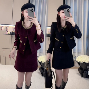 新款 女2024秋季 重工钉珠高级感名媛上衣短裙两件套 套装 小香风时尚