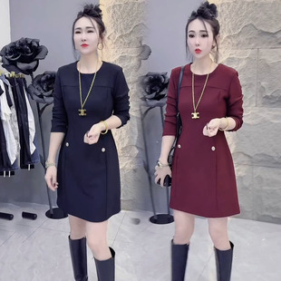 时尚圆领长袖收腰显瘦连衣裙女2026早春新款简约气质网红爆款裙子