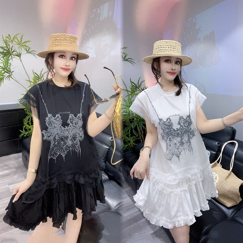 韩版拼接蕾丝网纱连衣裙女2026夏季新款宽松洋气休闲纯色减龄裙子