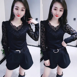 春秋新款蕾丝网纱小衫韩版气质拼接烫钻长袖美背上衣女V领打底潮
