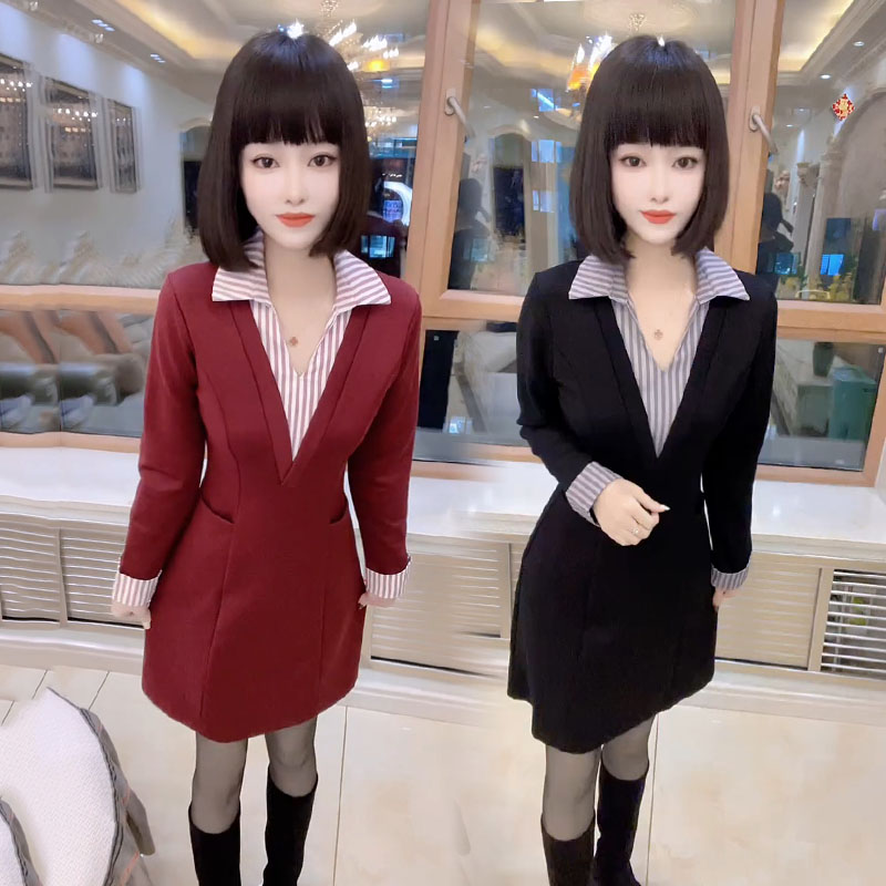 时尚气质连衣裙女2025秋季新款长袖拼接衬衫修身显瘦中长款假两件