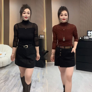 网红时尚洋气半高领网纱打底衫气质女人味性感小衫长袖T恤上衣潮