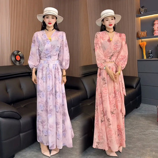 度假风时尚套装女2026夏季新款雪纺纱碎花绑带上衣半身裙两件套潮