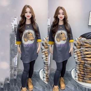 T恤女洋气百搭中长款 2025秋季 重工圆领七分袖 休闲时尚 上衣潮 新款