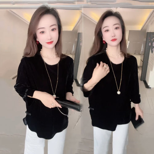 新中式国风盘扣百搭宽松丝绒衬衫