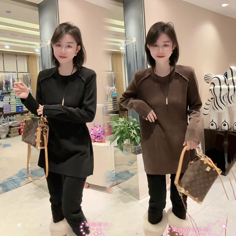 设计感纽扣系腰侧开叉长袖T恤打底衫2025春秋新款休闲宽松中长款