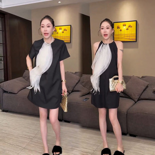 高级感气质飘带拼接连衣裙女2026夏季新款法式欧货黑色显瘦直筒裙