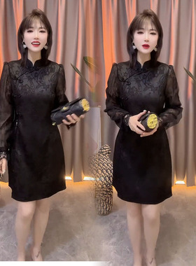 网红中国风连衣裙2024年春夏季新款重工蕾丝盘扣收腰显瘦旗袍裙女