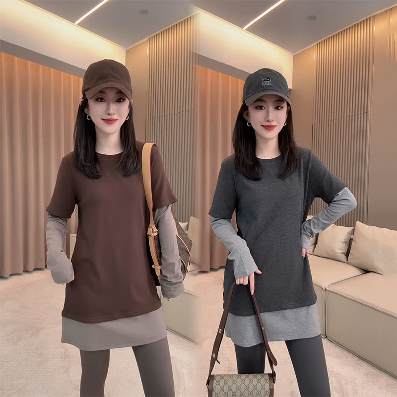 潮流拼接撞色休闲显瘦假两件T恤