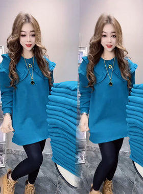 韩版蓝色荷叶领宽松显瘦卫衣裙女