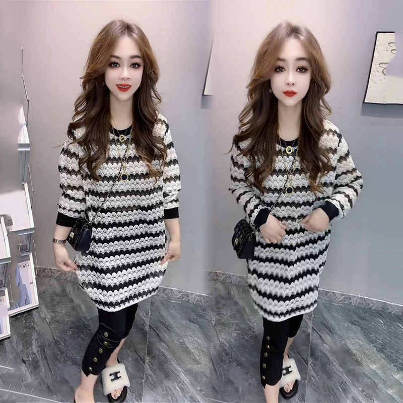 时尚洋气波纹针织长衫2024早秋新款网红爆款百搭圆领长袖女装上衣