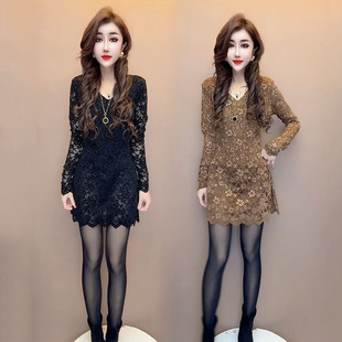 女神范裙 V领遮肉显瘦中长款 欧货时尚 蕾丝开叉连衣裙2025秋冬新款