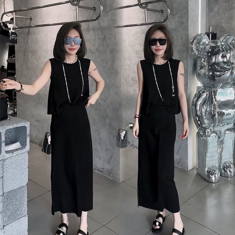 欧货时尚气质连衣裙套装女2025夏季新款无袖后排扣上衣长款半身裙