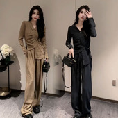 女不规则气质上衣高级感阔腿裤 2026秋季 套装 系带时尚 两件 网红新款