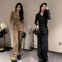 2024秋季网红新款系带时尚套装女不规则气质上衣高级感阔腿裤两件