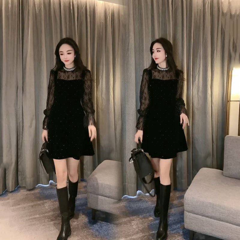 时尚洋气蕾丝拼接满天星丝绒裙女2025冬季新款欧货名媛风重工领裙