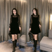 新款 时尚 洋气蕾丝拼接满天星丝绒裙女2025冬季 欧货名媛风重工领裙