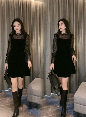 时尚洋气蕾丝拼接满天星丝绒裙女2026春季新款欧货名媛风重工领裙