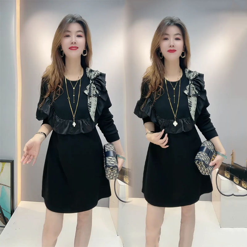 木耳花边拼接雅减龄时尚连衣裙女