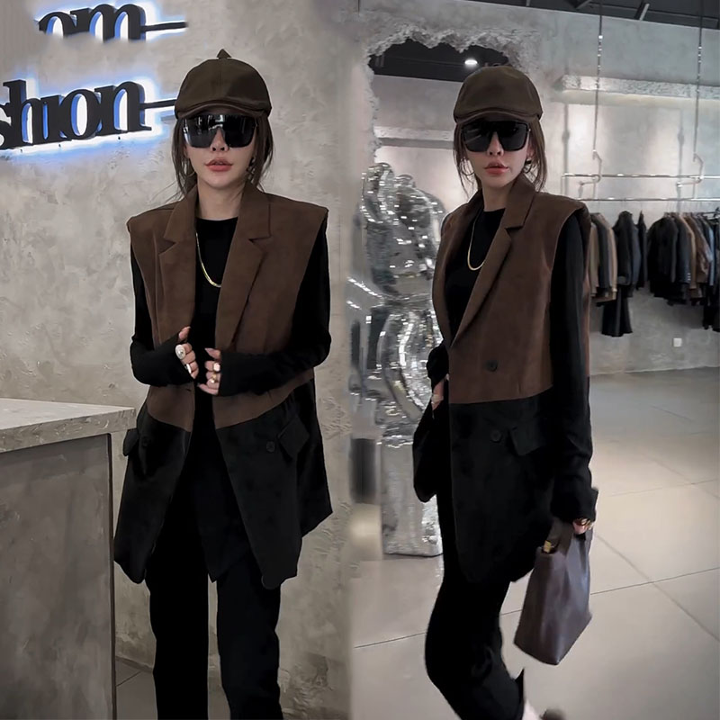 港风气质拼色休闲宽松西服马夹女