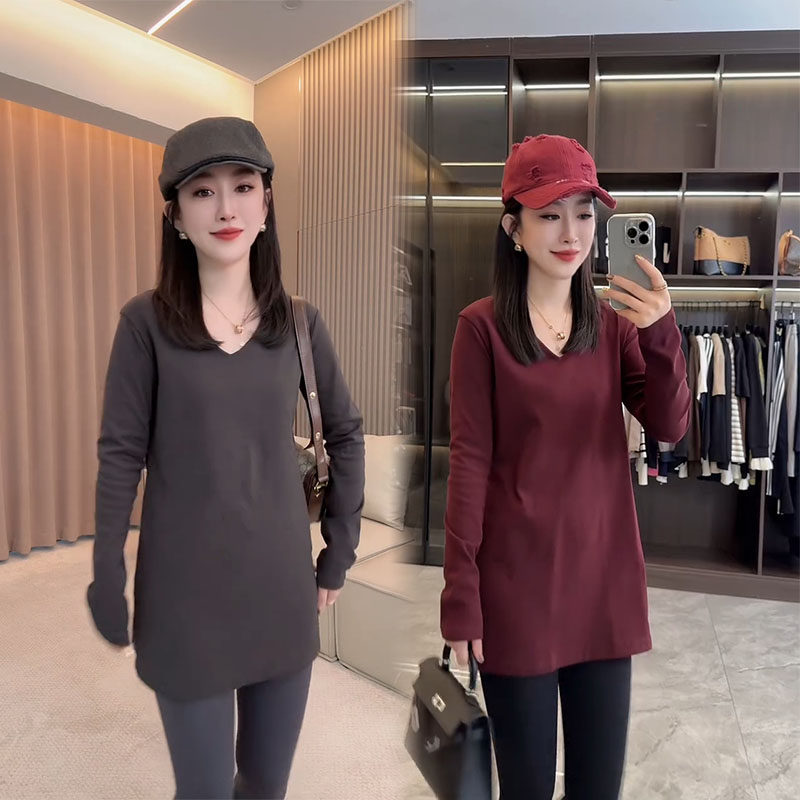 2026秋季新款简约V领修身显瘦T恤女纯色正肩减龄百搭时尚打底衫潮