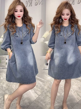 洋气牛仔连衣裙2025年春夏季新款韩版宽松显瘦荷叶领钉珠中长女裙