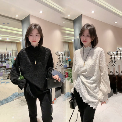 法式休闲气质喇叭袖蕾丝衫女2025秋冬新款宽松复古花边中长款打底