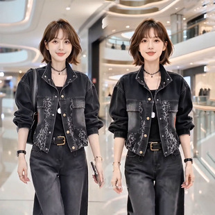 时尚豹纹拼接牛仔短外套女2026秋季新款韩版休闲百搭短款夹克上衣