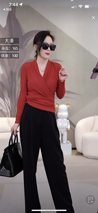 星空顶黑色交叉v领打底衫女高级感秋冬内搭长袖t恤修身显瘦上衣女