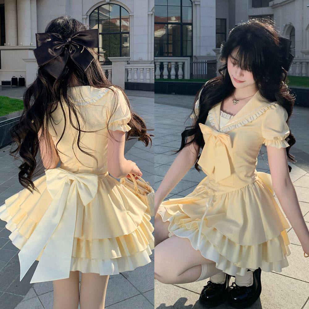 奶油布丁 法式甜美少女感jk海军领木耳边蝴蝶结上衣+蛋糕裙两件套