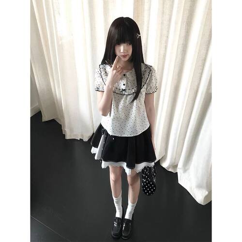 格蕾少女 夏季新款日系可爱波点娃娃衫上衣黑白系短裙半裙套装女