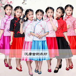儿童古装汉服民国学生装女童夏短袖古筝茶艺表演服国乐演奏演出服