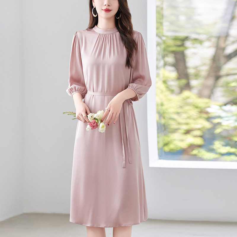 重磅杭州真丝连衣裙女夏2025新款纯色中年妈妈收腰显瘦桑蚕丝裙子