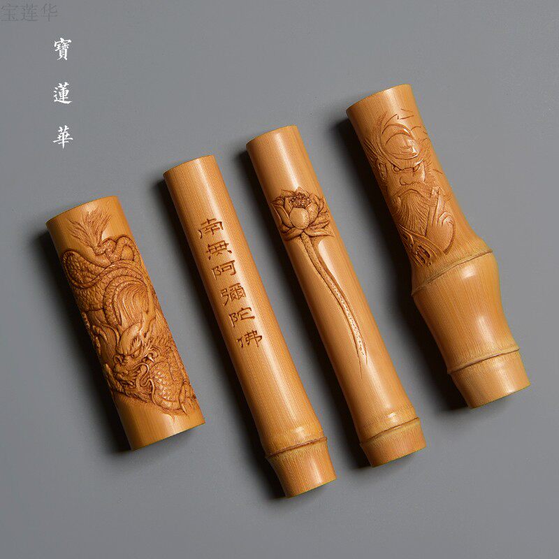 邱书文雕刻实心竹手把件摆件 一物一拍手工竹刻茶玩文玩 盖置搁架
