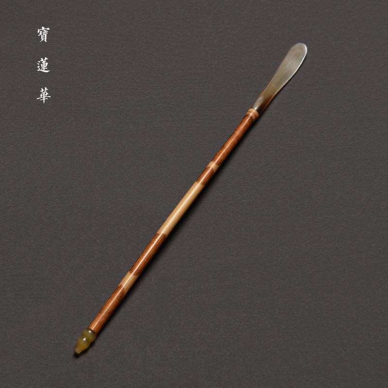 红湘妃竹镶花牛角茶拨 老料竹精制茶勺茶匙竹茶扒 茶道零配六君子