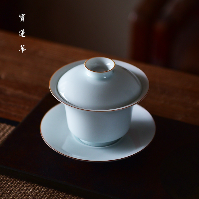 景德镇纯手工马蹄三才瓷盖碗淡青釉小盖碗茶碗豆青釉薄胎盖碗茶杯