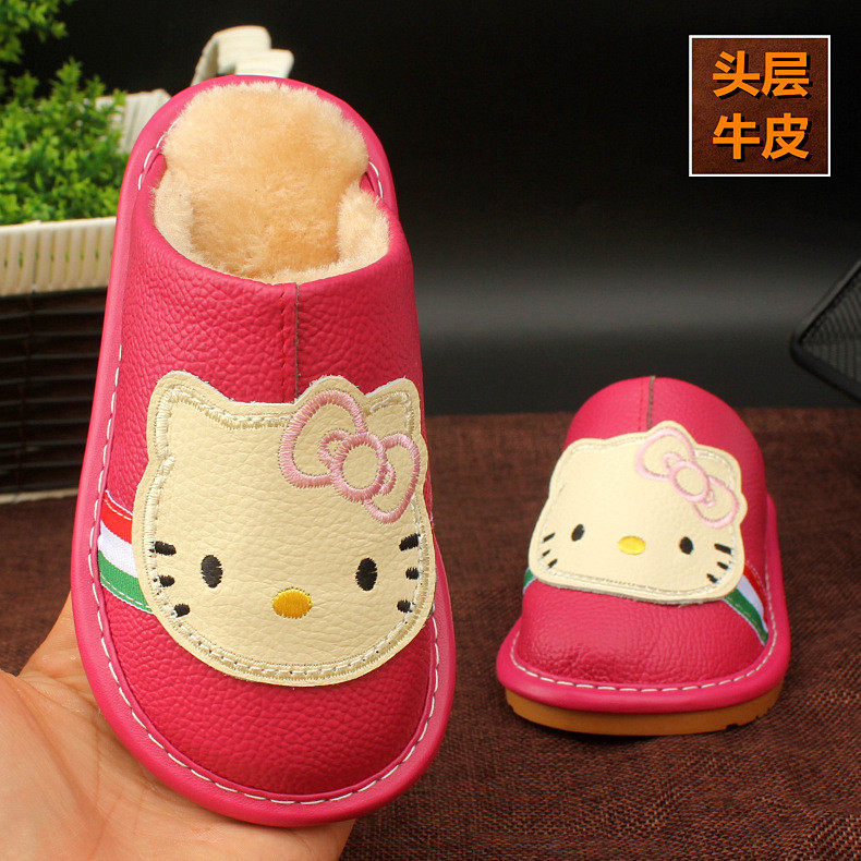 小孩女孩儿童真牛皮防滑软底家居毛毛女童防水卡通冬天拖鞋男孩冬