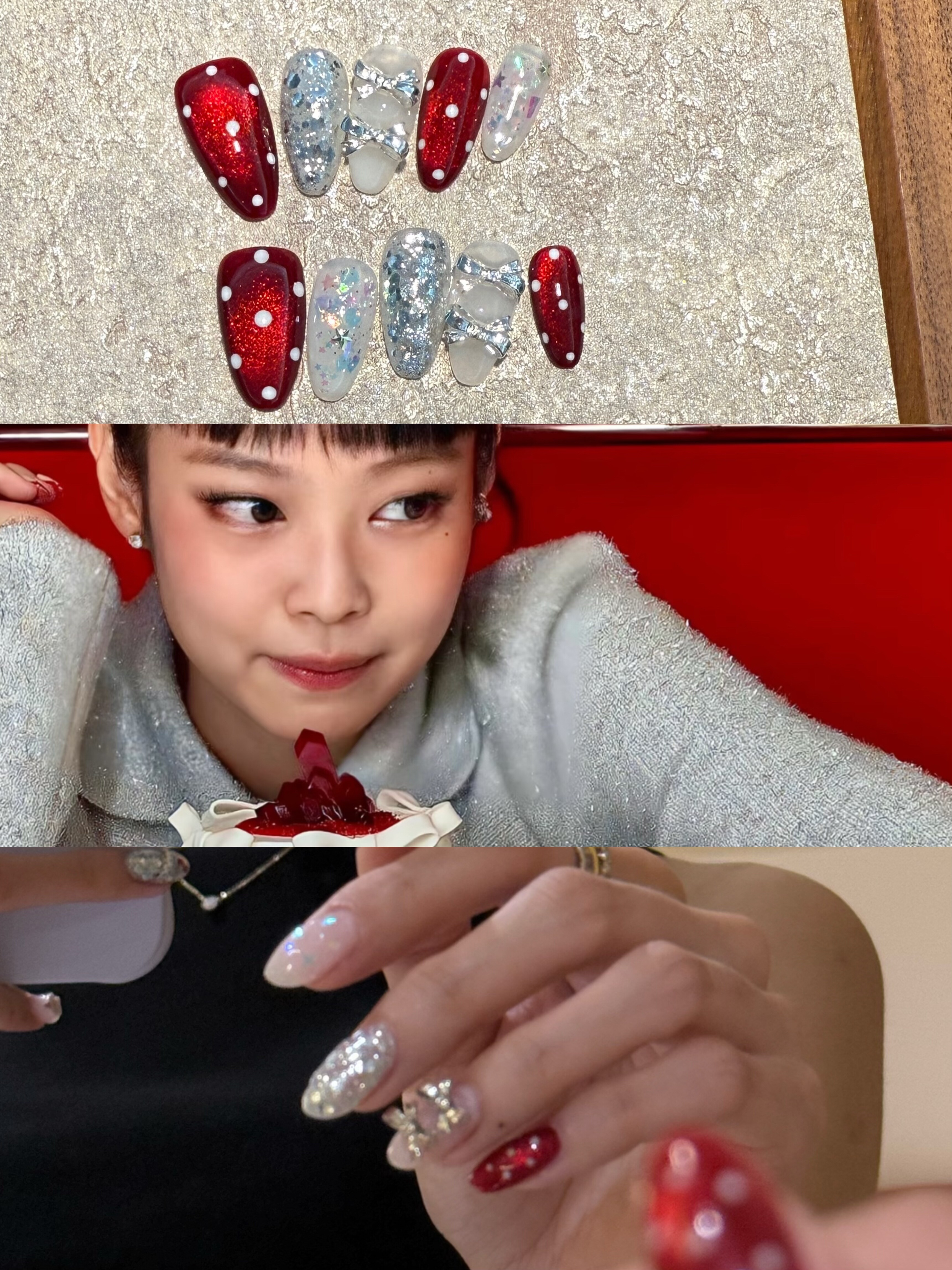 圣诞Jennie同款风红色猫眼手工定制银色蝴蝶结精致穿戴甲