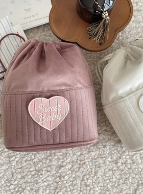 logo定制ins风心形贴布束口水桶包女便携小众设计针织化妆包