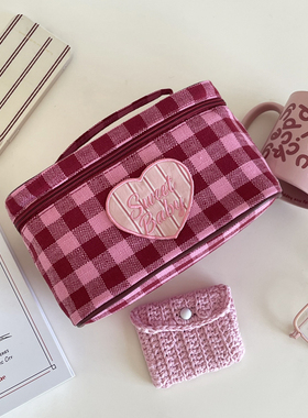可定制字母刺绣 韩版ins风百搭格子化妆包女便携化妆品收纳包
