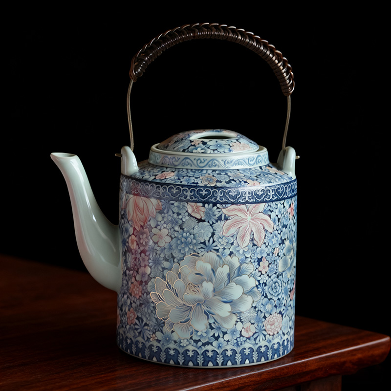汝窑提梁壶大号泡茶器陶瓷老式复古1200ml单壶餐馆茶馆用  带过滤