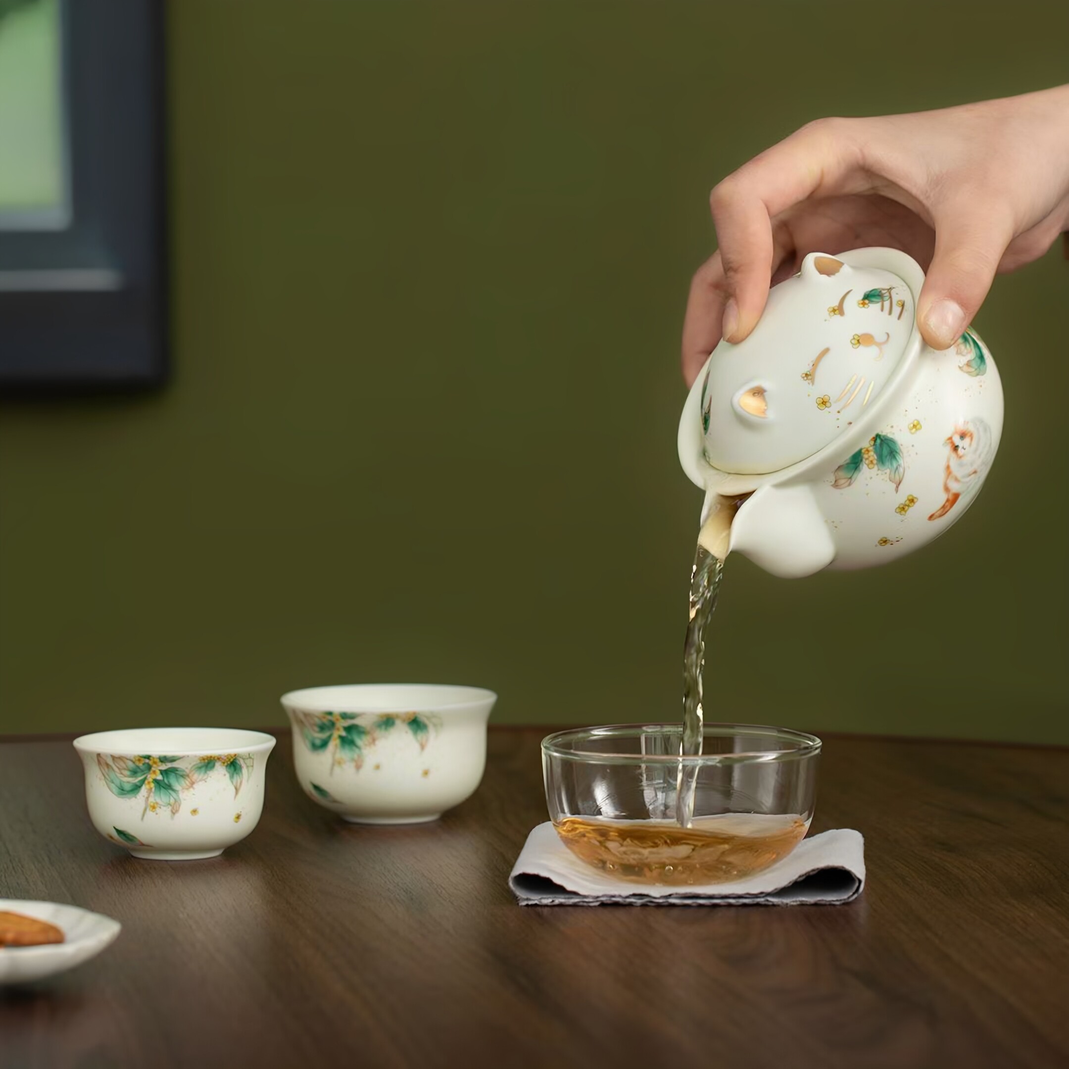 汝窑快客杯桂花猫旅行茶具