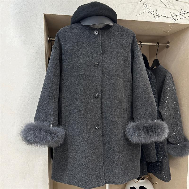 袖口狐狸毛毛呢大衣韩系