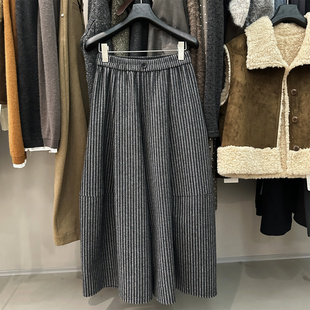 设计感裙裤 深灰色竖条纹羊毛阔腿裤 九分裤 松紧腰一粒扣休闲裤 冬季