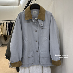 温柔韩系撞色领子蓝色派克服春季 宽松显瘦一手长外套休闲夹克 新品