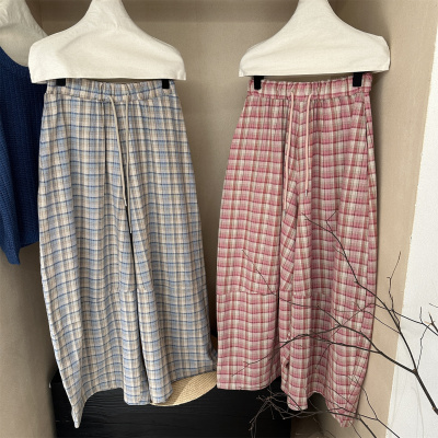 韩系薄款粉色格子气球裤夏松
