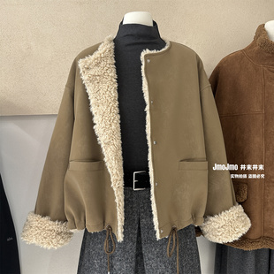 韩系羊羔毛内胆加厚皮衣女冬季 下摆抽绳保暖派克服休闲短外套 新品