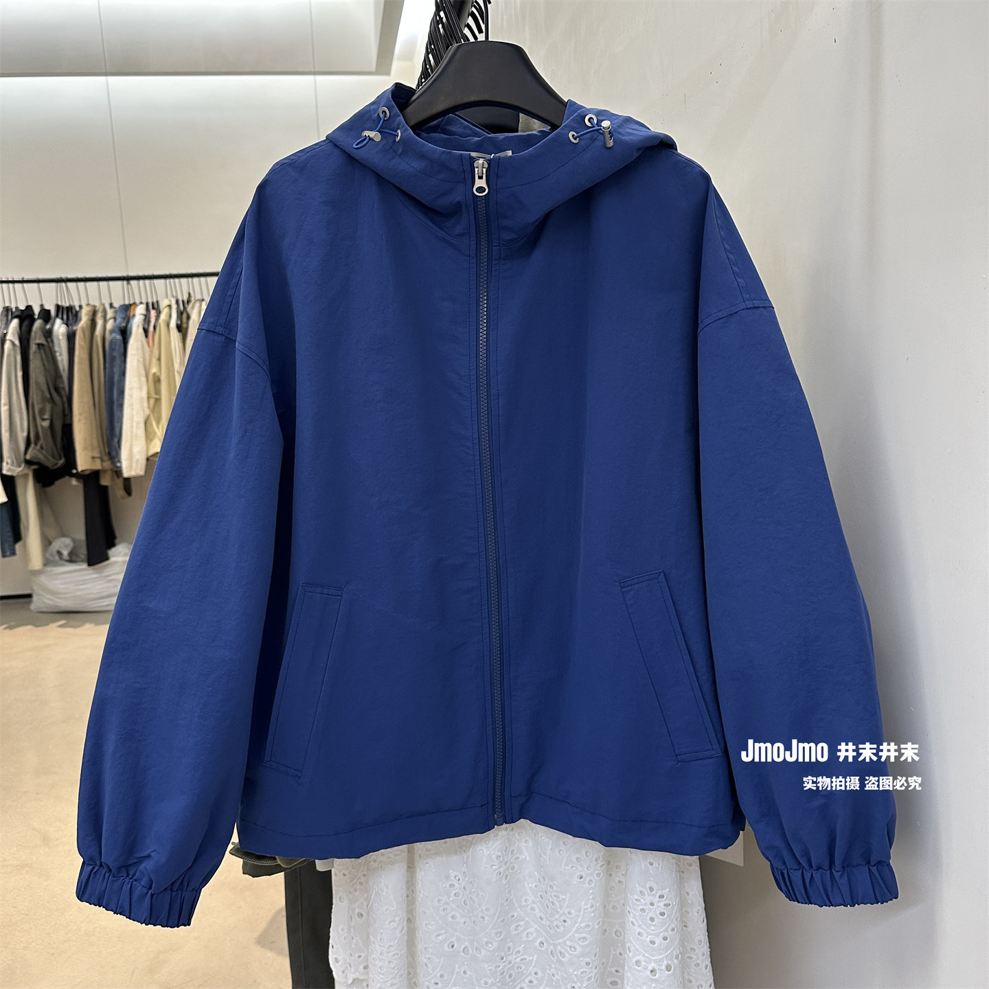 韩系宝蓝色连帽短外套女春季新品宽松百搭拉链夹克休闲冲锋衣外套